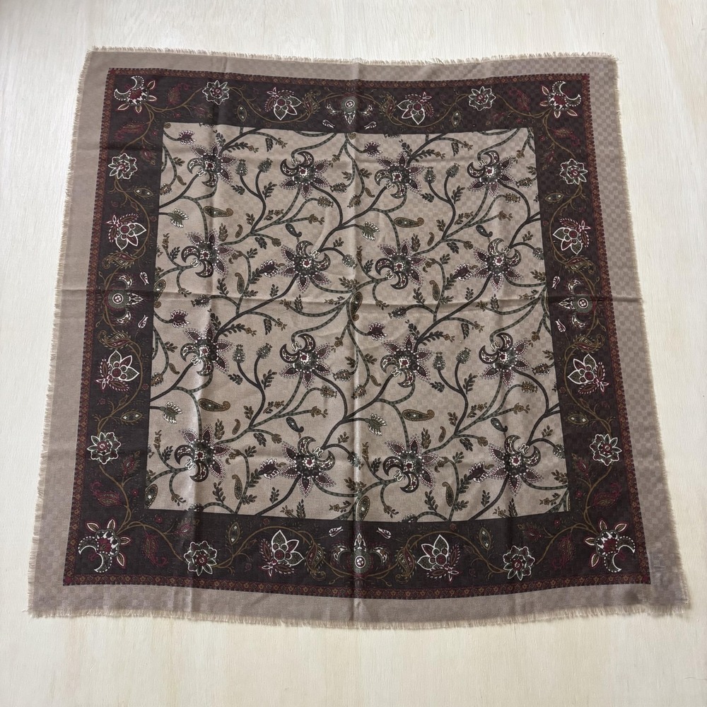 Vintage Floral Square Scarf Womens One Size Brown Fringe Polyester Made In Italy